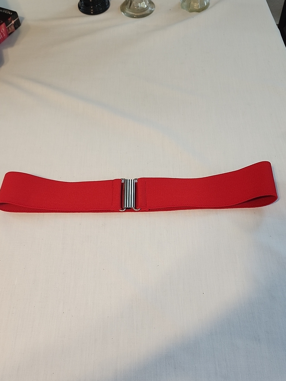 Vintage 80's Elastic Satin Stretchy Belt - Red with plain Silver Buckle.